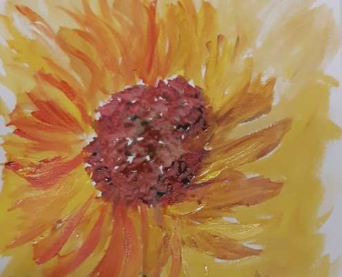 Bild aus dem Malkurs in Senioreneinrichtung. Sonnenblume