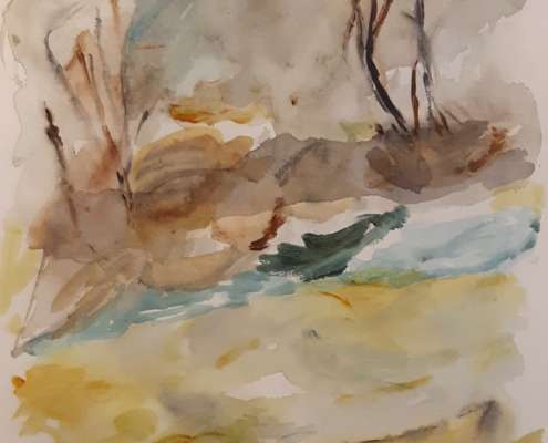 Bild: Aquarellgemälde, Morrlandschaft mit Bäumen ohne Laub. Gemalt am 11.08.25 im Senioren-Malkurs