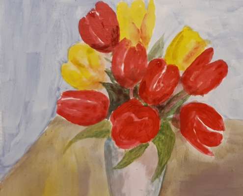 Bild: Gemälde vom 11.08.25 gemalte Tulpen. Malkurs der mobilen Kunstschule von Titus Schwan