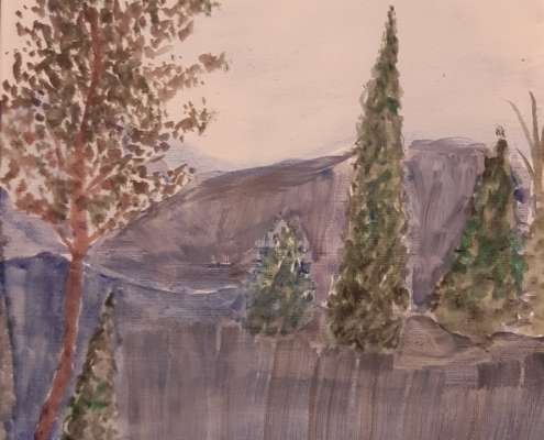 Bild: Seniorenmalkurs. Landschaft mit Hügeln und Bäumen