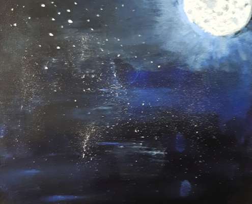 Foto Vollmond-leuchtet-am-Himmel-mit-vielen-Sternen-Acrylgemaelde-von-Leonora-im-Malkurs-fuer-Kinder-bei-Titus-Schwan