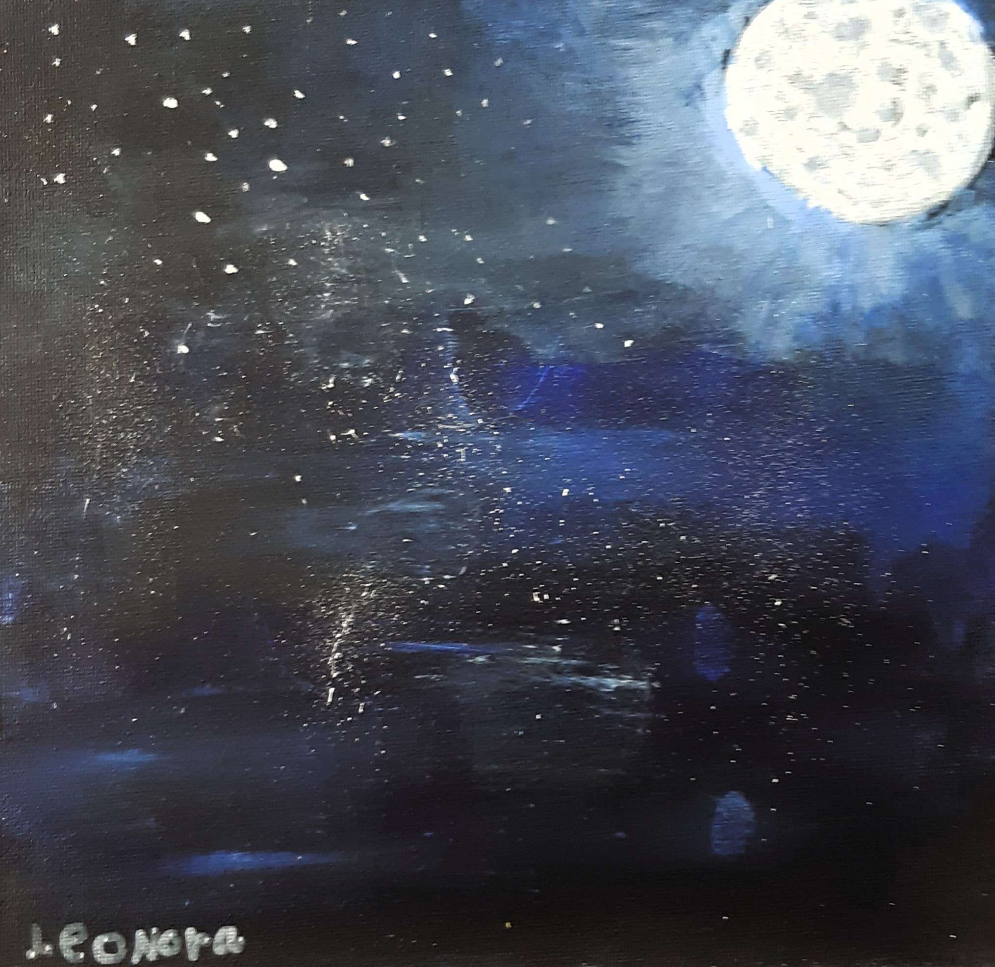 Foto Vollmond-leuchtet-am-Himmel-mit-vielen-Sternen-Acrylgemaelde-von-Leonora-im-Malkurs-fuer-Kinder-bei-Titus-Schwan