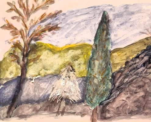 Gemälde: Landschaft mit Bäumen. Gemalt in der mobilen Kunstschule von Titus Schwan.