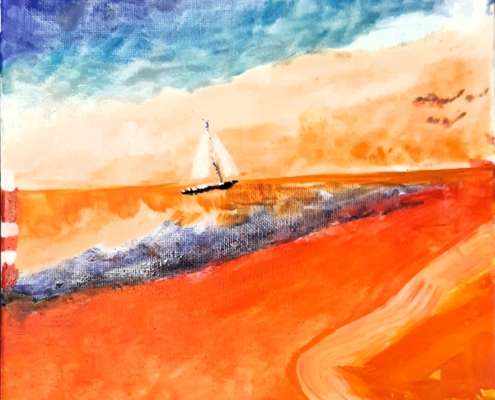 Bild. Segelschiff auf einem Blauen und orangefabenen Meer. Strand im Vordergrund mit einem Weg. Malkurs in Senioreneinrichtung. In der mobilen Kunstschule von Titus Schwan