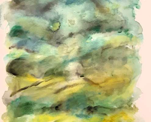 Bild. Landschaft, Aquarellfarben. Gemalt im Malkurs für Seniorinnen und Senioren, in einer Wohnanlage für Senioren