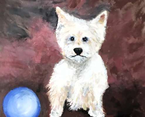 Gemälde eines kleinen, weißen Hundes. Gemalt im Malkurs für Senioren bei Kunstschule Titus Schwan in Solingen