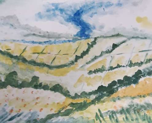 Landschaft. Gemalt in Titus Schwan mobile Kunstschule. Ort Seniorenresidenz