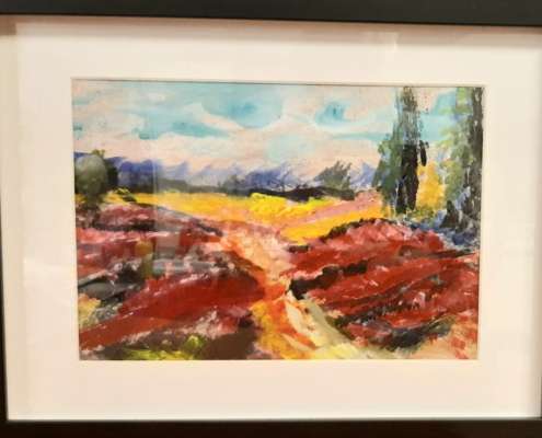 Gerahmte Heidelandschaft. Gemalt in einer Seniorenresidenz. Anleitung durch mobile Kunstschule Titus Schwan